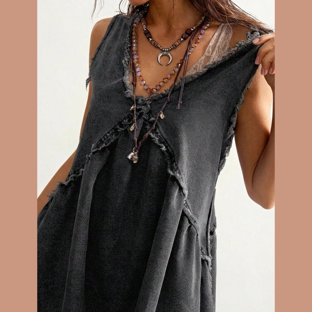 Charcoal Denim Mini Dress with Distressed Edges - Picture 6 of 7